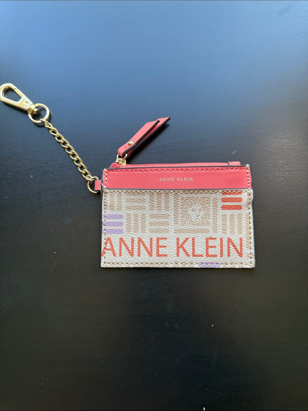 Anne Klein Coral Accent Beige Logo Card Case Keychain